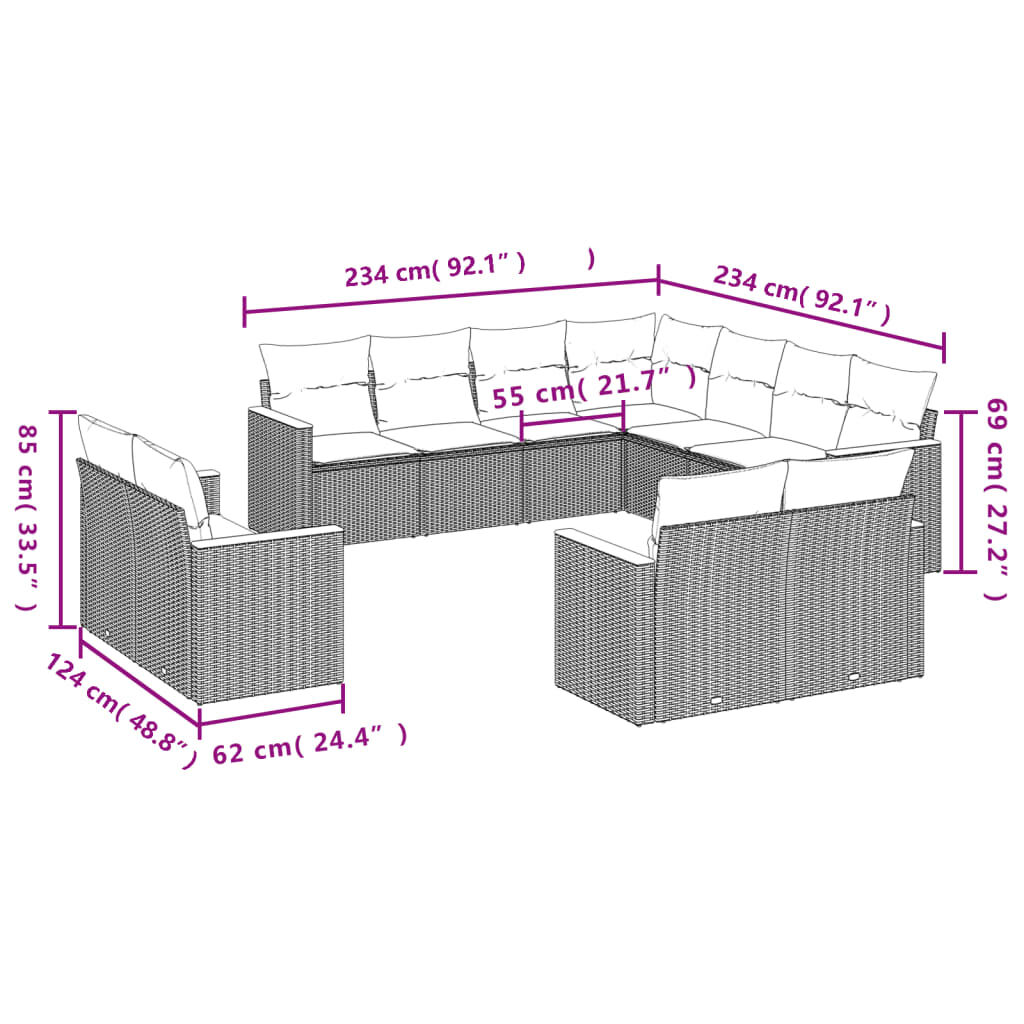 vidaXL 11 Piece Garden Sofa Set with Cushions Black Poly Rattan