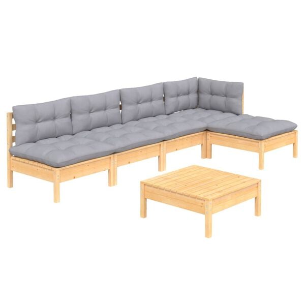vidaXL 6 Piece Garden Lounge Set with Grey Cushions Pinewood