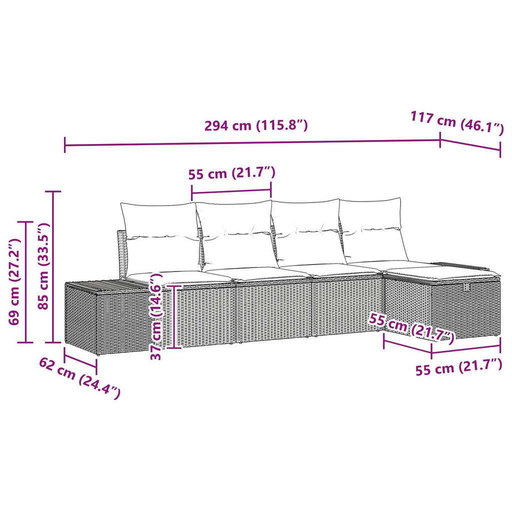 vidaXL 5 Piece Garden Sofa Set with Cushions - Black Poly Rattan