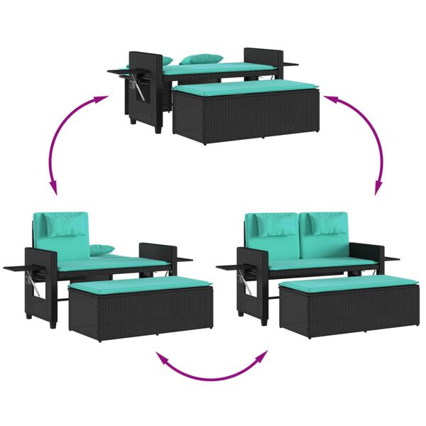 vidaXL Reclining Garden Bench with Cushions Black Poly Rattan