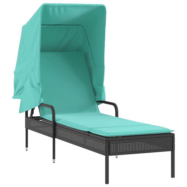 vidaXL Sun Lounger with Canopy Black Poly Rattan