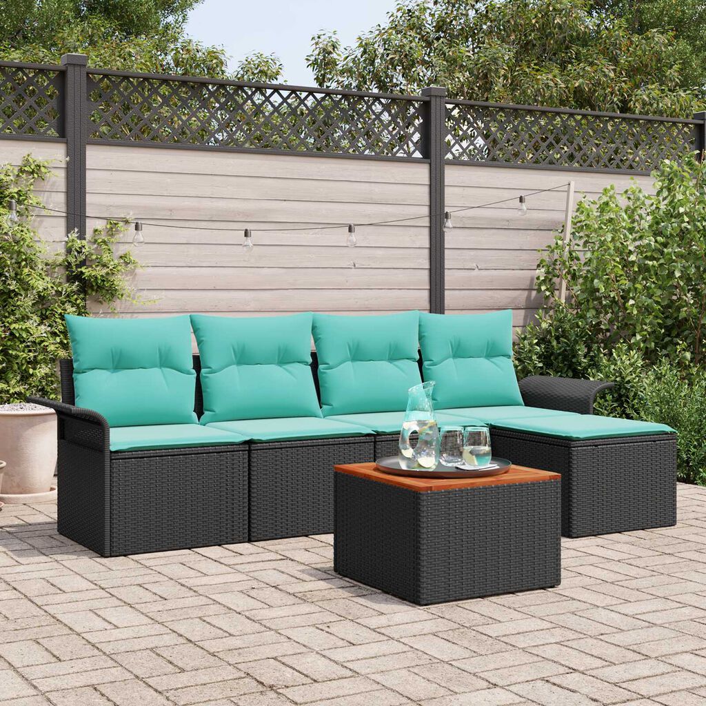 vidaXL 6 Piece Garden Sofa Set with Cushions Black Poly Rattan Acacia