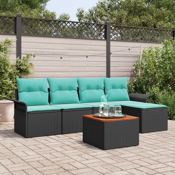 vidaXL 6 Piece Garden Sofa Set with Cushions Black Poly Rattan Acacia