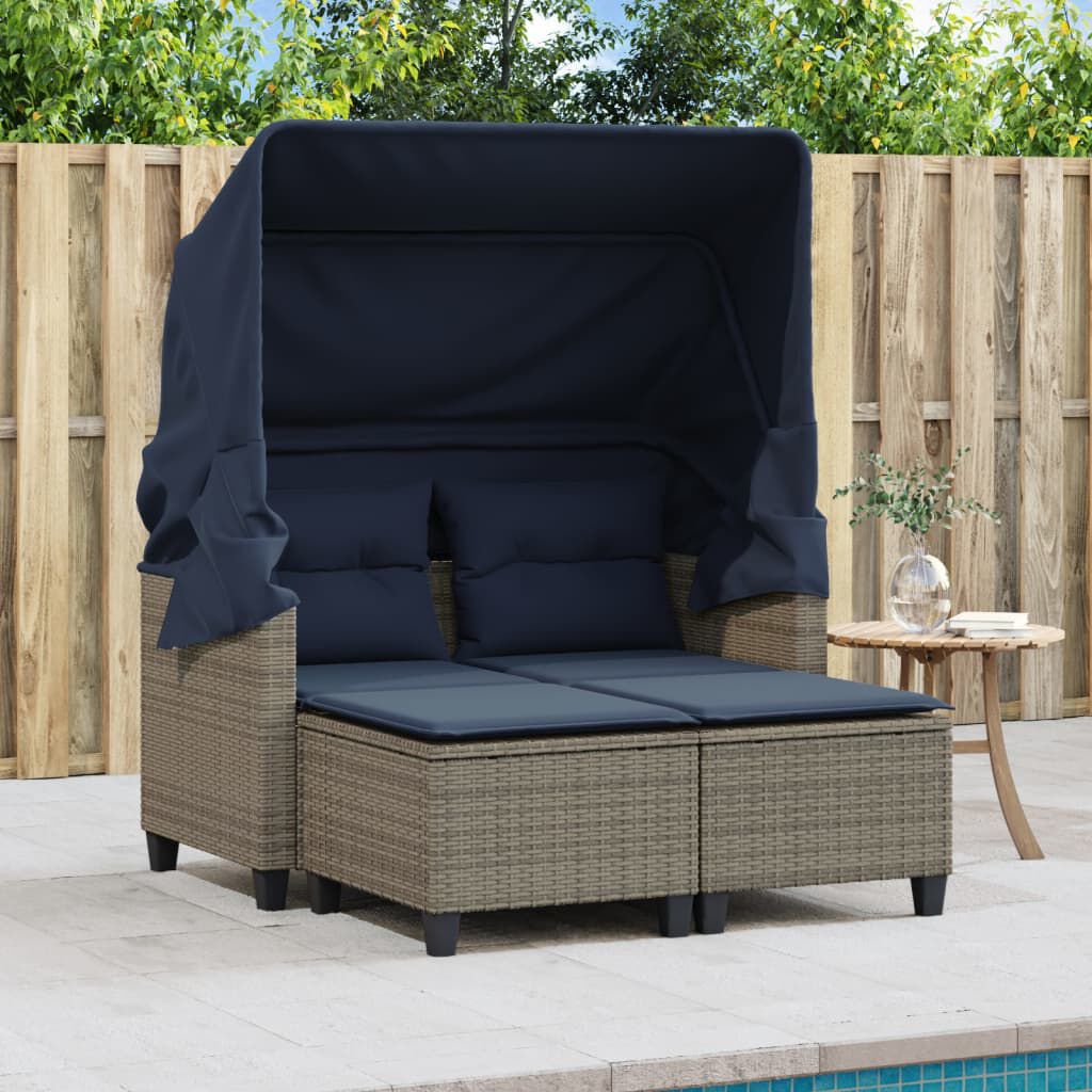 vidaXL Garden Sofa 2-Seater with Canopy and Stools Grey Poly Rattan