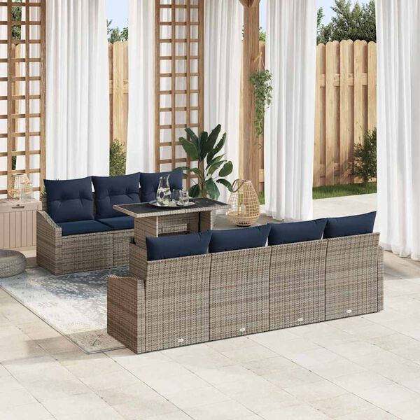 vidaXL Garden Sofa Set 8 pcs Grey and Navy Blue Poly Rattan