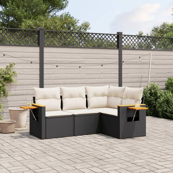 vidaXL 4 Piece Garden Sofa Set with Cushions Black Poly Rattan