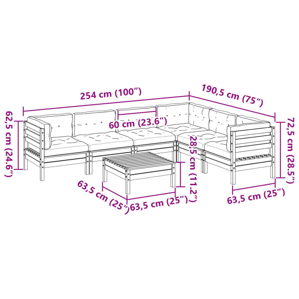 vidaXL 7 Piece Garden Sofa Set with Cushions Wax Brown Solid Wood Pine