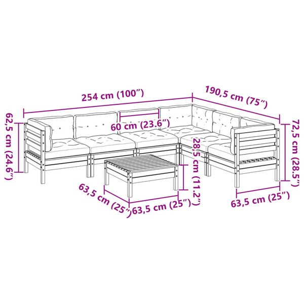 vidaXL 7 Piece Garden Sofa Set with Cushions Wax Brown Solid Wood Pine