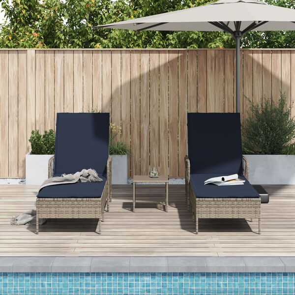 vidaXL Sun Lounger Reclining 3 pcs Grey and Navy Blue Poly Rattan