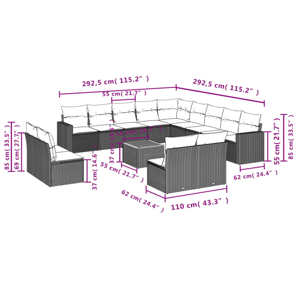 vidaXL 14 Piece Garden Sofa Set with Cushions Grey Poly Rattan
