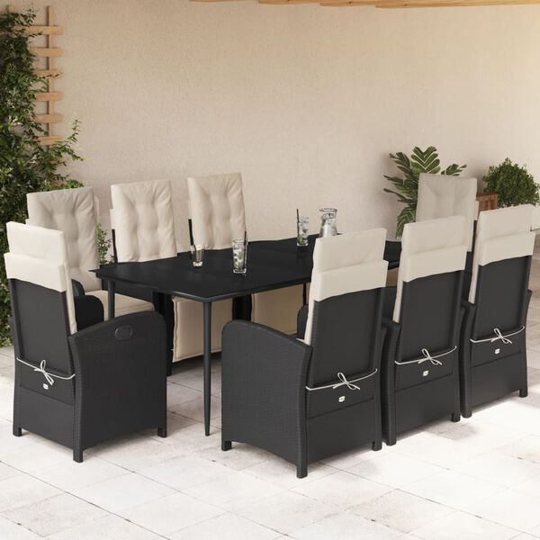 vidaXL 9 Piece Garden Dining Set with Cushions Black Poly Rattan