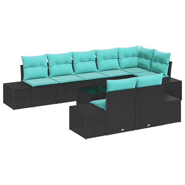 vidaXL Garden Sofa Set with Storage Black and Turquoise Poly rattan