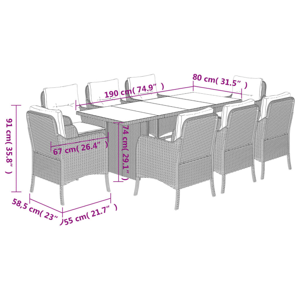 vidaXL 9 Piece Garden Dining Set with Cushions Brown Poly Rattan