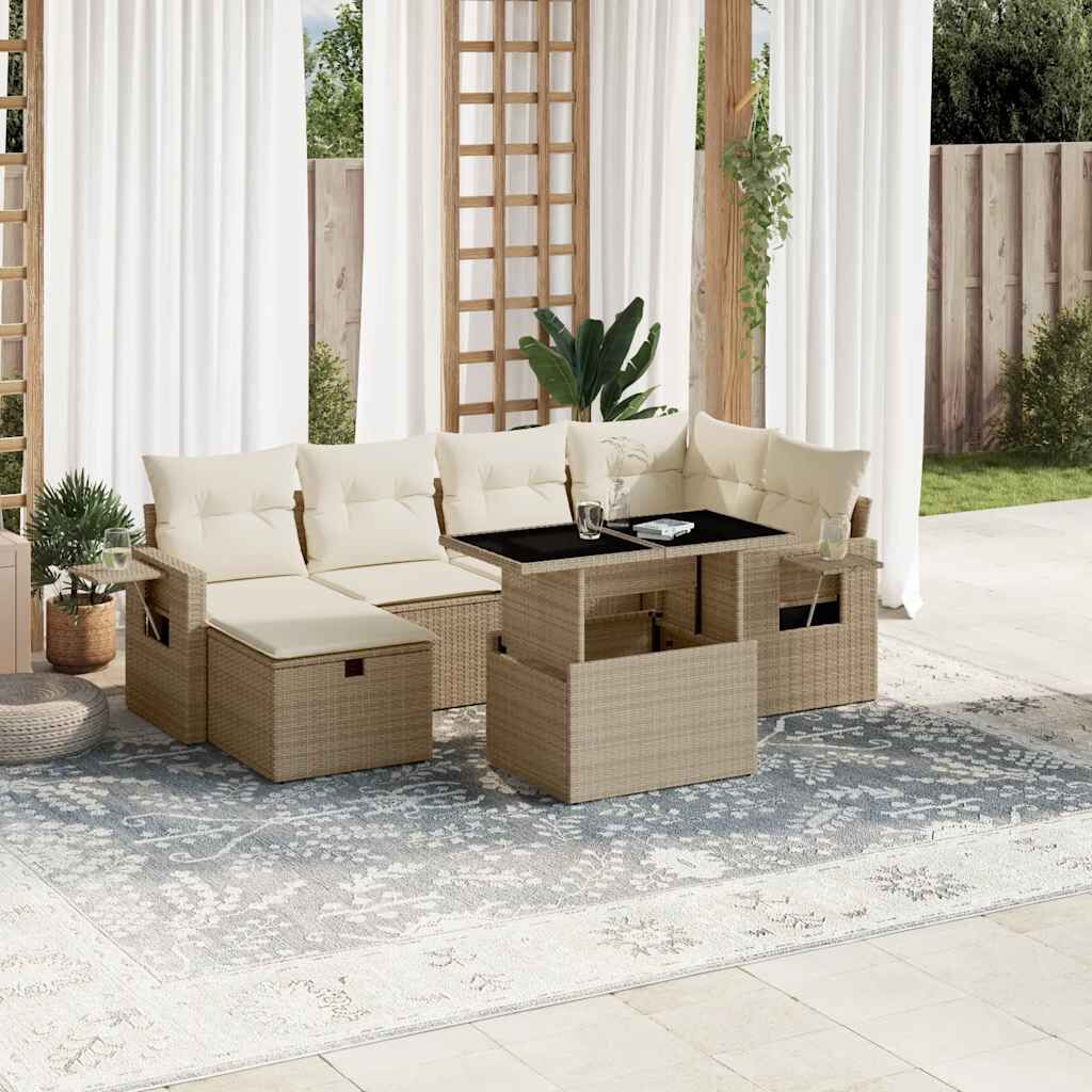 vidaXL 7 Piece Garden Sofa Set with Cushions Beige Poly Rattan