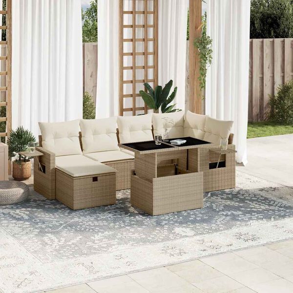 vidaXL 7 Piece Garden Sofa Set with Cushions Beige Poly Rattan