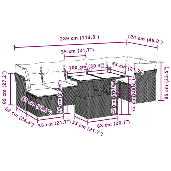 vidaXL 8 Piece Garden Sofa Set with Cushions Brown Poly Rattan