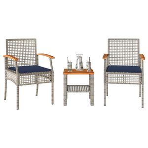 vidaXL 3 Piece Bistro Set with Cushions Grey Poly Rattan Acacia Wood