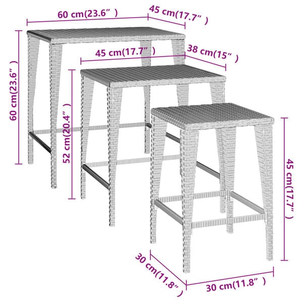 vidaXL Nesting Tables 3 pcs Brown Poly Rattan