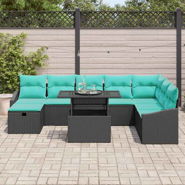 vidaXL Garden Sofa Set Height-Adjustable 9 pcs Black Poly Rattan