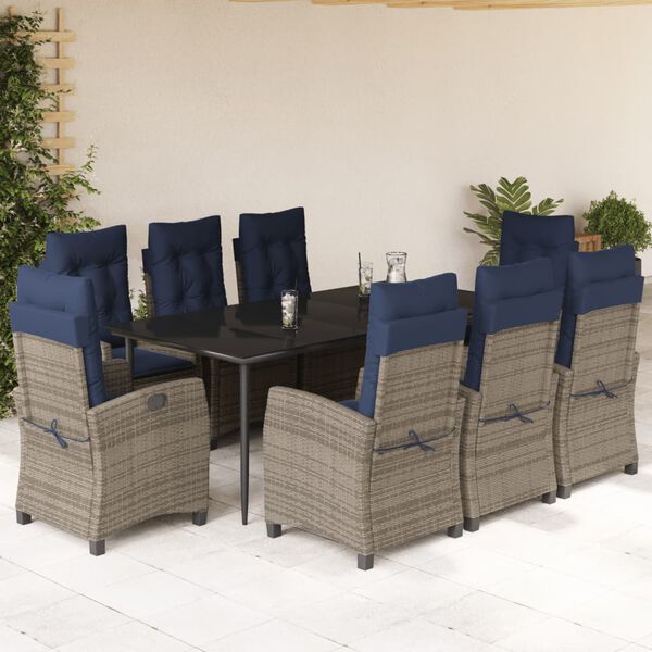 vidaXL 9 Piece Garden Dining Set with Cushions Grey Poly Rattan