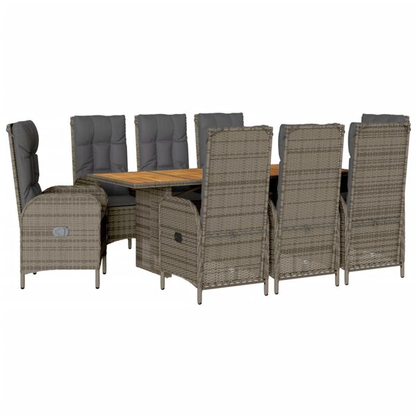 vidaXL 9 Piece Garden Dining Set with Cushions Grey Poly Rattan
