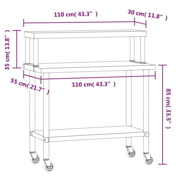 vidaXL Kitchen Work Table with Overshelf 110x55x120 cm Stainless Steel