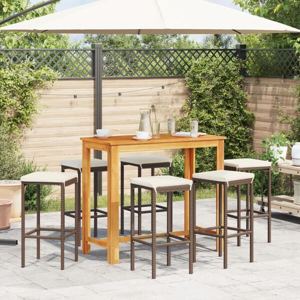 vidaXL 7 Piece Garden Bar Set Brown Solid Wood Acacia and Poly Rattan