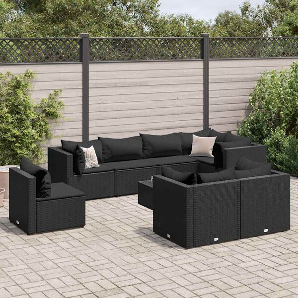 vidaXL 8 Piece Garden Lounge Set with Cushions Black Poly Rattan
