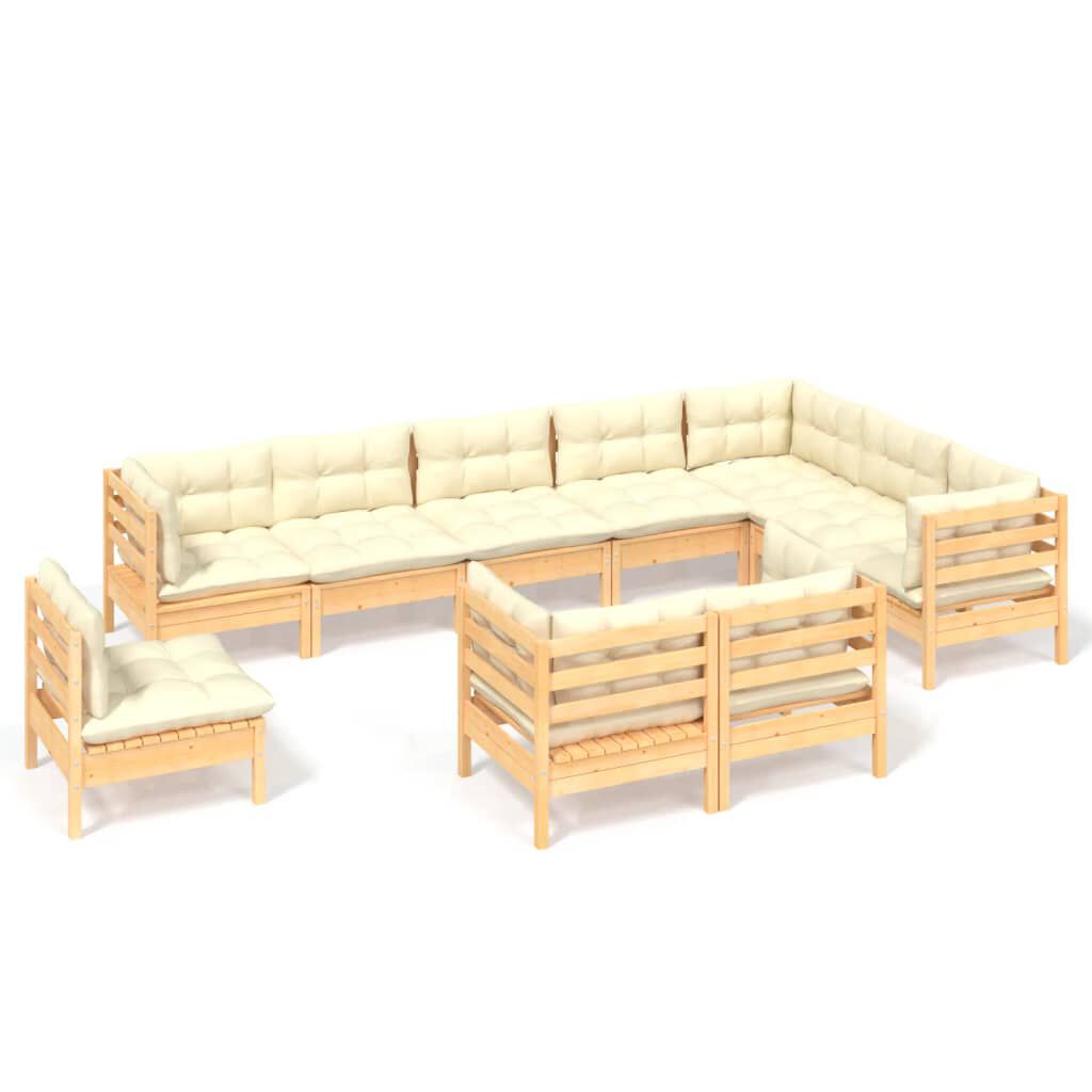 vidaXL 10 Piece Garden Lounge Set with Cream Cushions Solid Pinewood