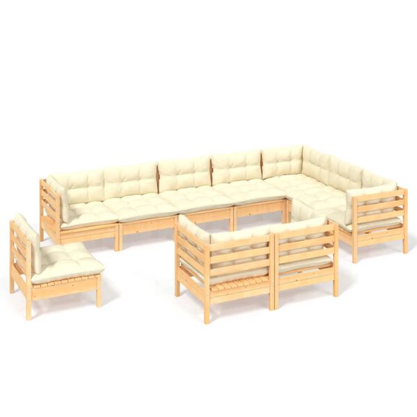 vidaXL 10 Piece Garden Lounge Set with Cream Cushions Solid Pinewood