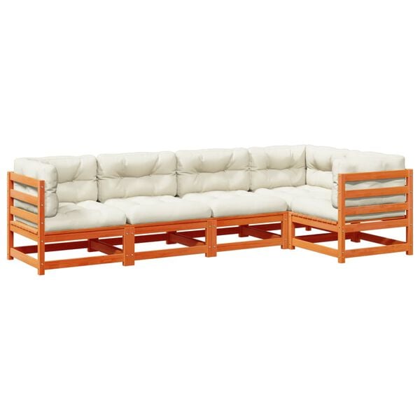 vidaXL 5 Piece Garden Sofa Set with Cushions Wax Brown Solid Wood Pine