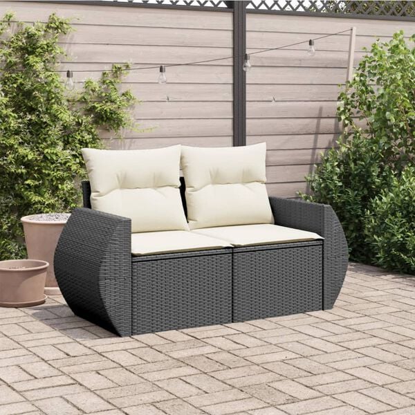 vidaXL Garden Sofa with Cushions 2-Seater Black Poly Rattan