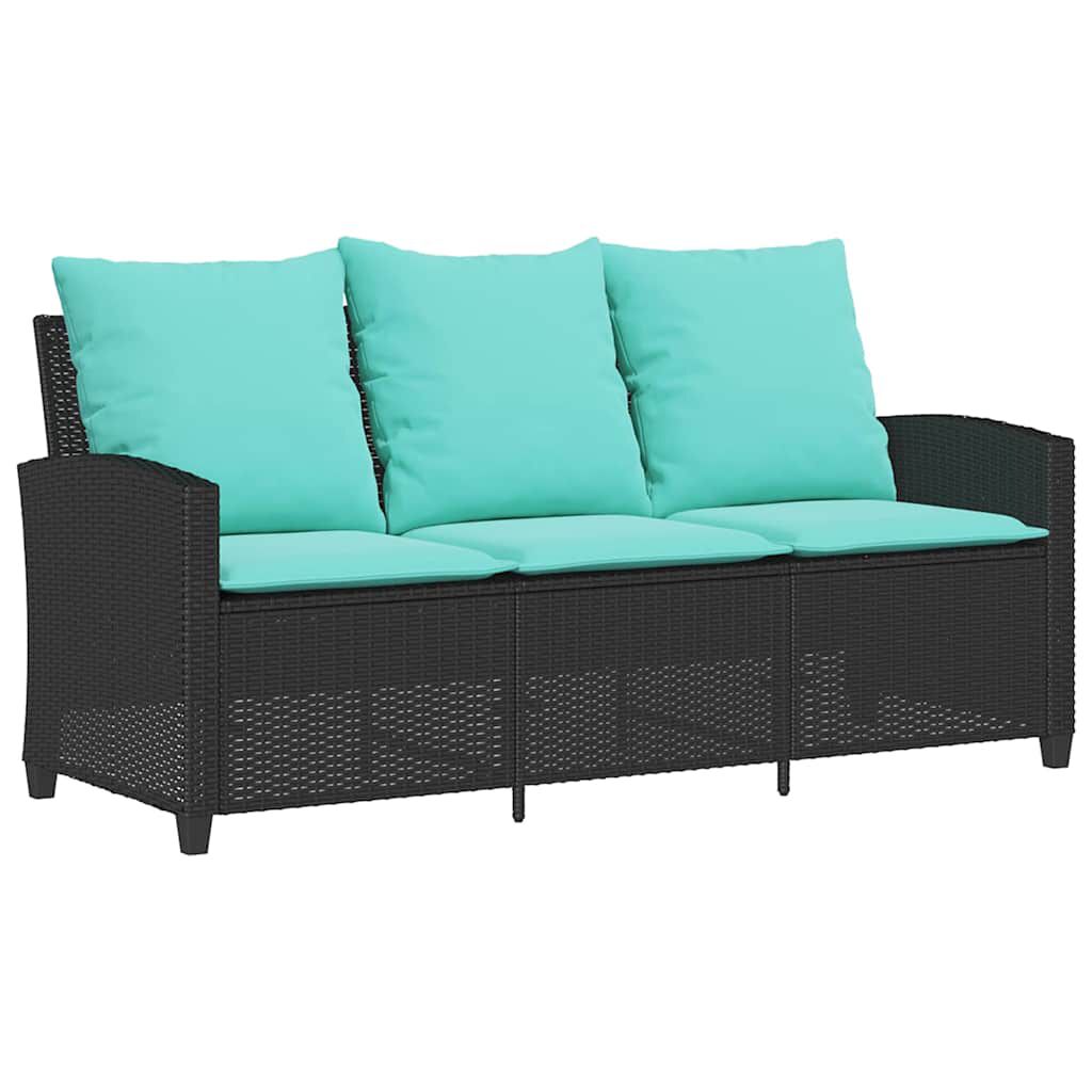 vidaXL Garden Sofa 3-Seater with Cushions&Table Black Poly Rattan