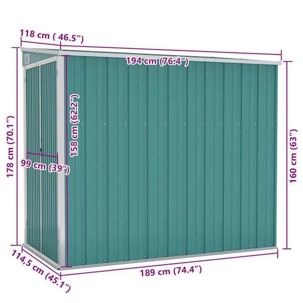 vidaXL Wall-mounted Garden Shed Green 118x194x178 cm Galvanised Steel