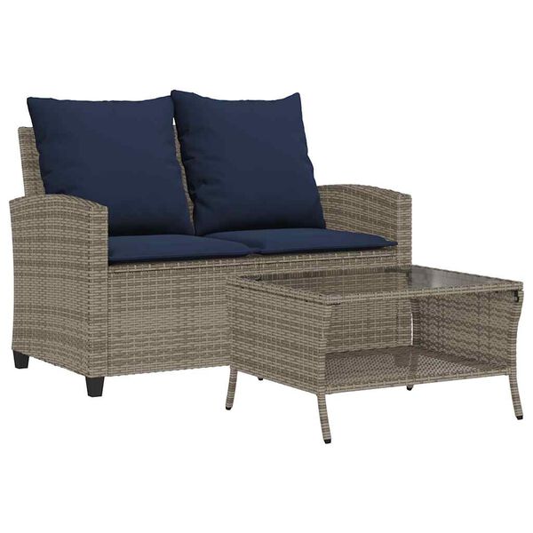 vidaXL Garden Sofa 2-Seater with Cushions&Table Grey Poly Rattan