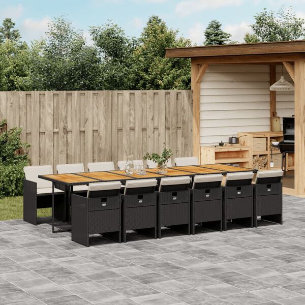vidaXL 13 Piece Garden Dining Set with Cushions Black Poly Rattan