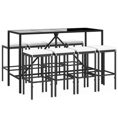 vidaXL 9 Piece Garden Bar Set with Cushions Black Poly Rattan