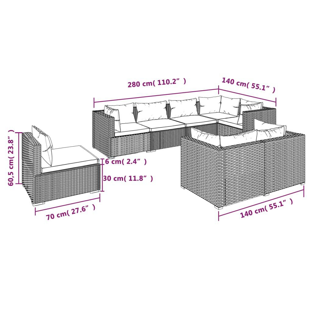 vidaXL 8 Piece Garden Lounge Set with Cushions Poly Rattan Black