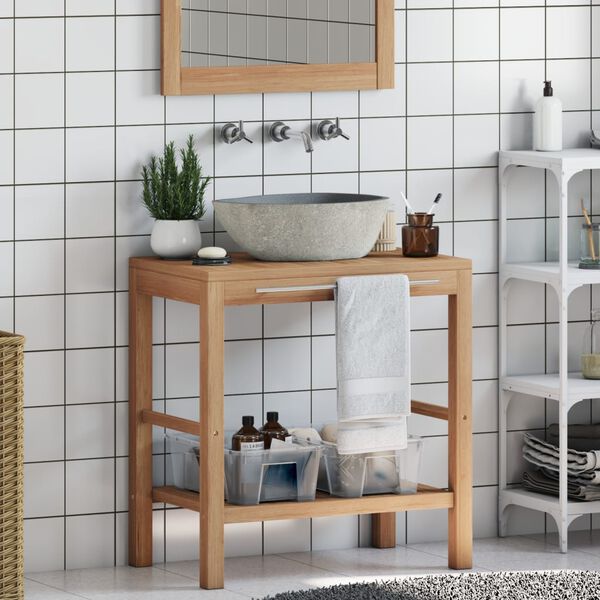 vidaXL Bathroom Vanity Cabinet Solid Teak with Riverstone Sink