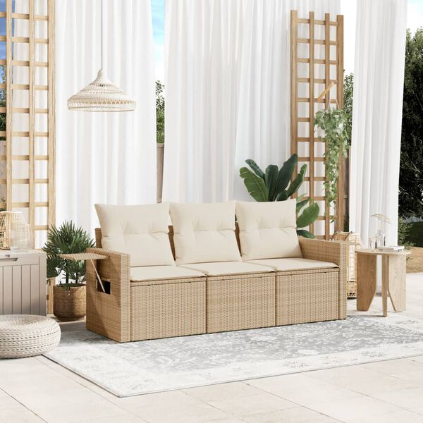 vidaXL 3 Piece Garden Sofa Set with Cushions Beige Poly Rattan