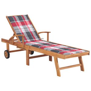 vidaXL Sun Lounger with Red Check Pattern Cushion Solid Teak Wood