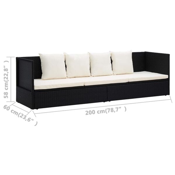 vidaXL Garden Bed with Cushion & Pillows Poly Rattan Black