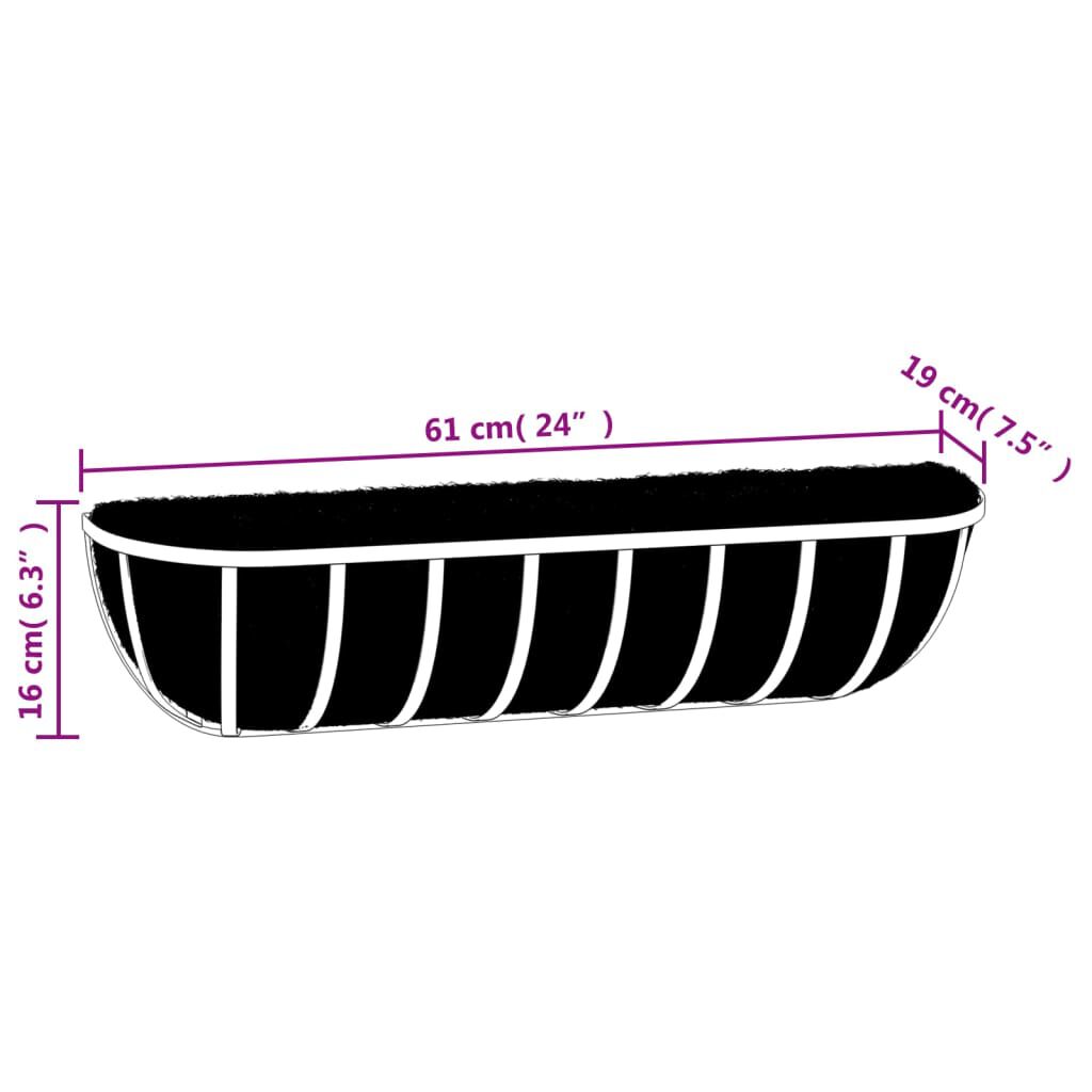 vidaXL Wall Troughs 2 pcs with Coco Liners Black 61x19x16 cm Steel