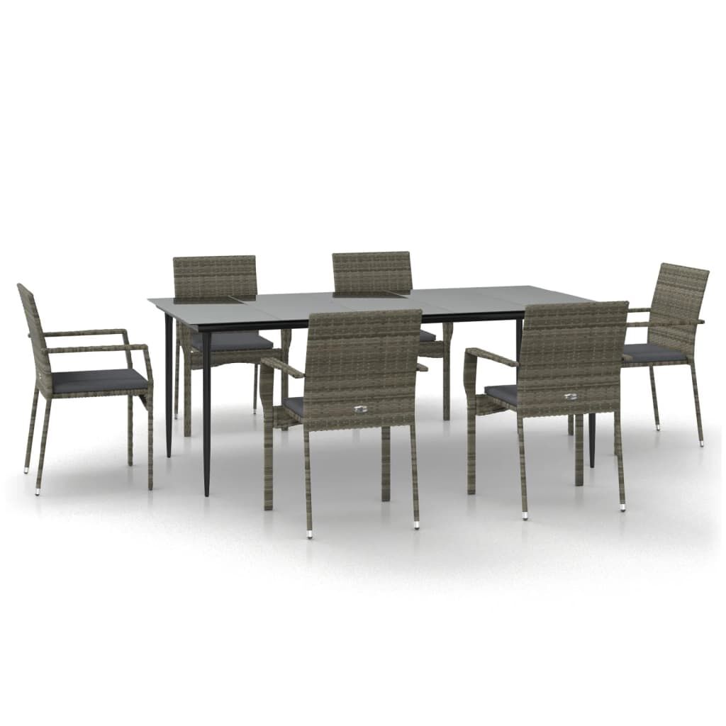 vidaXL 7 Piece Garden Dining Set with Cushions Black and Grey Poly Rattan