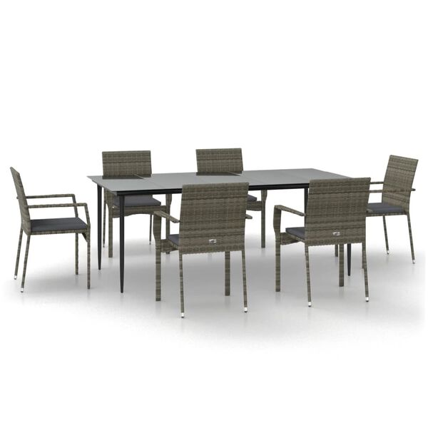 vidaXL 7 Piece Garden Dining Set with Cushions Black and Grey Poly Rattan