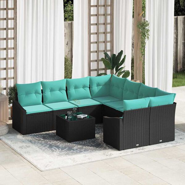 vidaXL Sofa Set with Cushion 9 pcs Black and Turquiose Poly Rattan