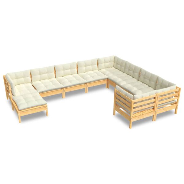 vidaXL 10 Piece Garden Lounge Set with Cream Cushions Pinewood