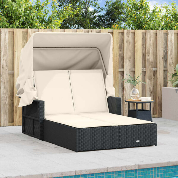 vidaXL Double Sun Lounger with Canopy and Cushions Black Poly Rattan