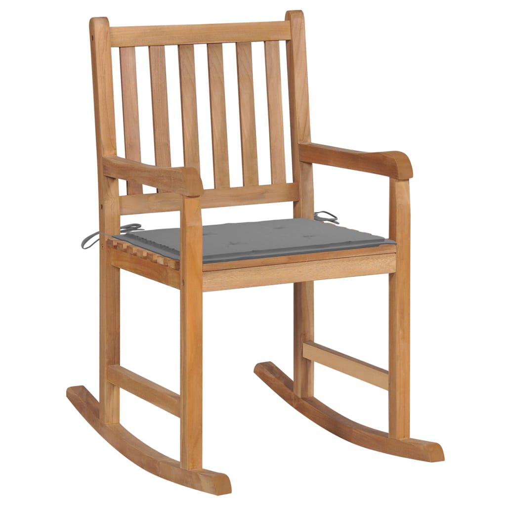 vidaXL Rocking Chair with Grey Cushion Solid Teak Wood