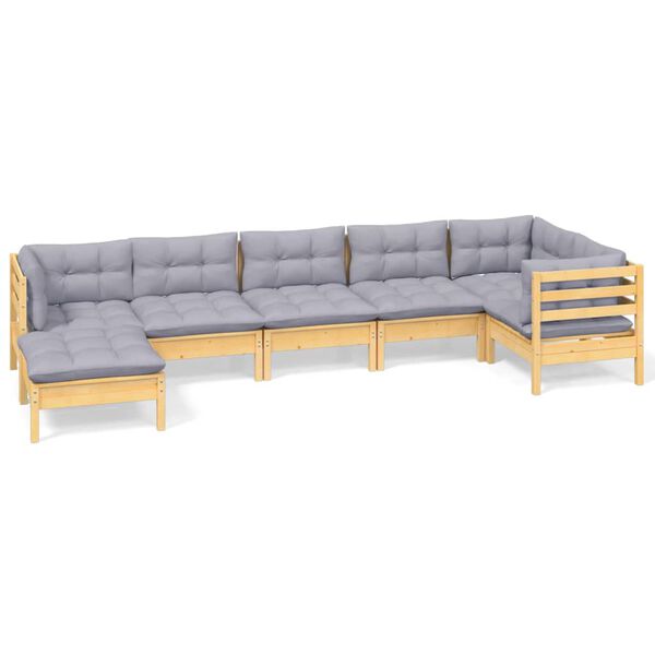 vidaXL 7 Piece Garden Lounge Set with Grey Cushions Solid Pinewood